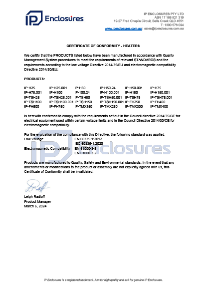 Certificate of Conformity - Heaters