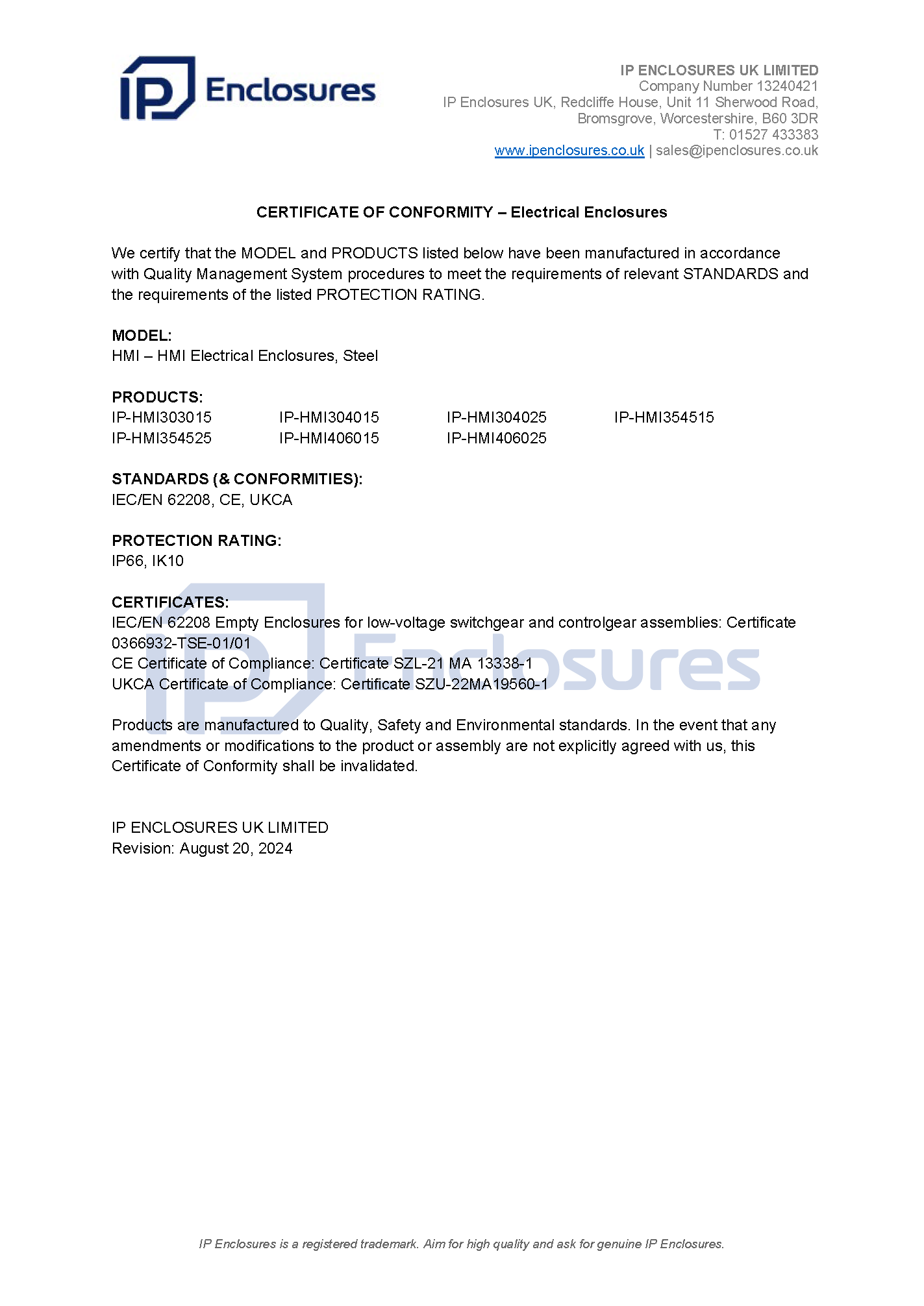 IP Enclosures Test Certificate Extract - TS EN 60529 IP68 Terminal Boxes