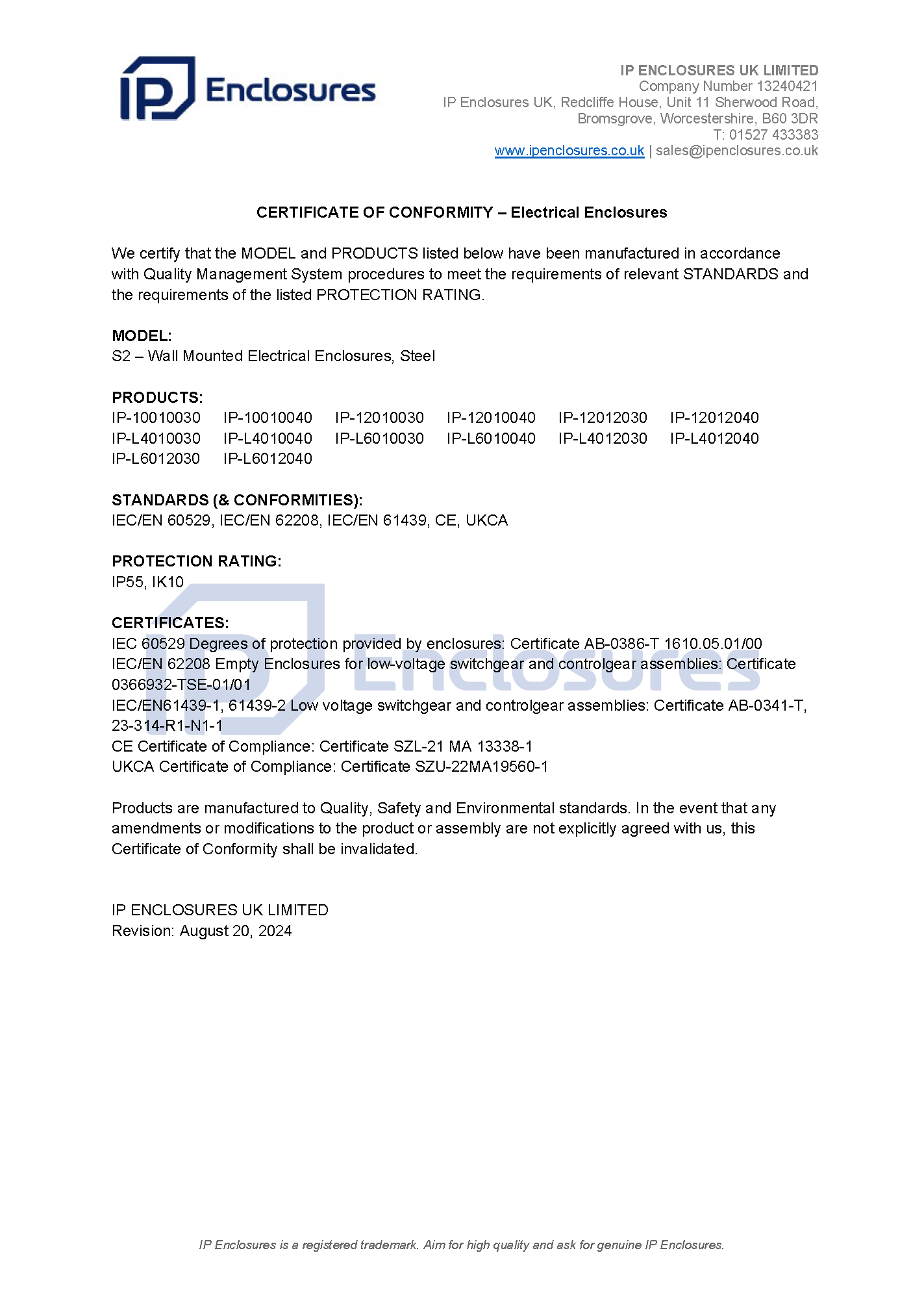 IP Enclosures Certificate - CE