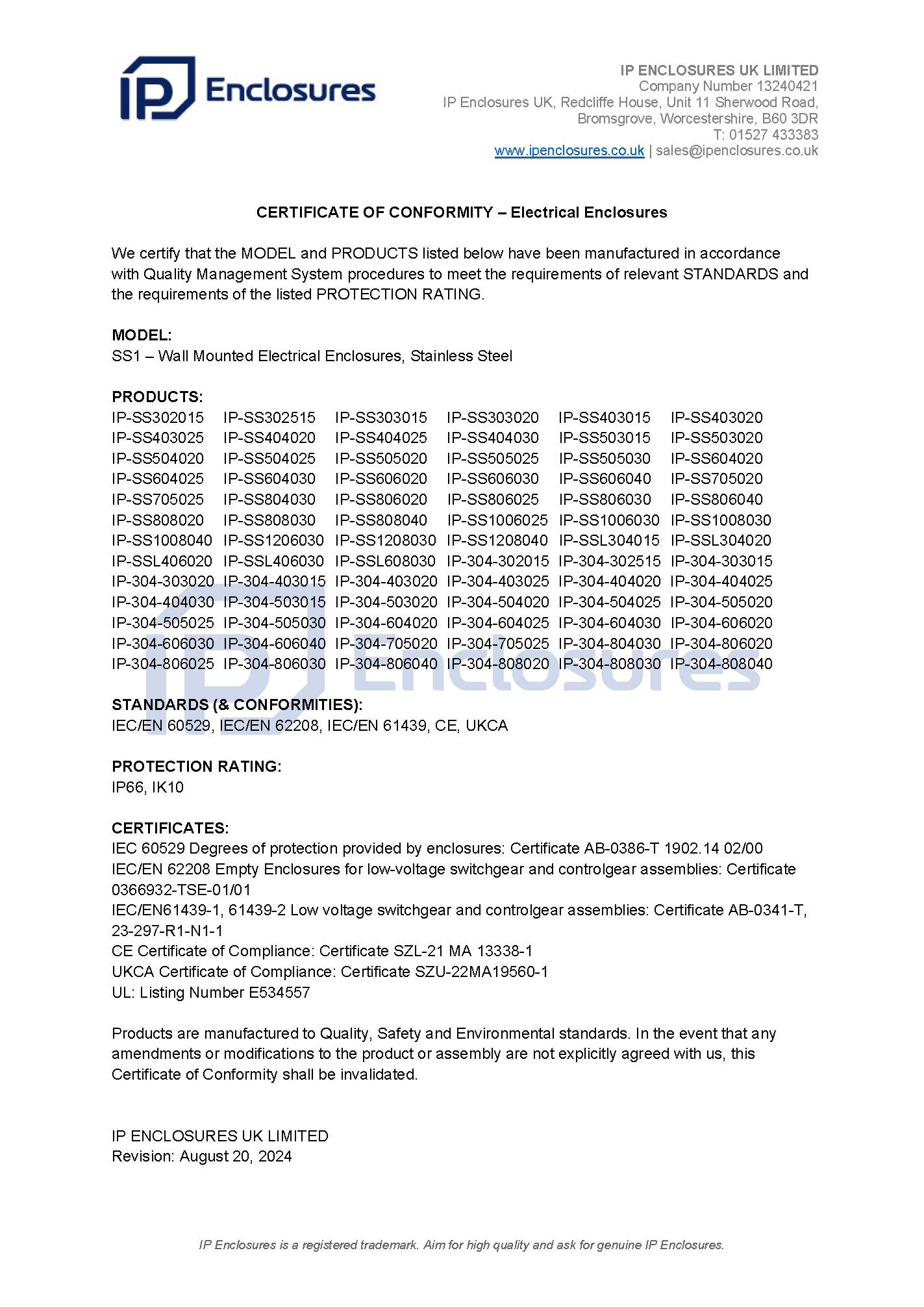 IP Enclosures Certificate - CE