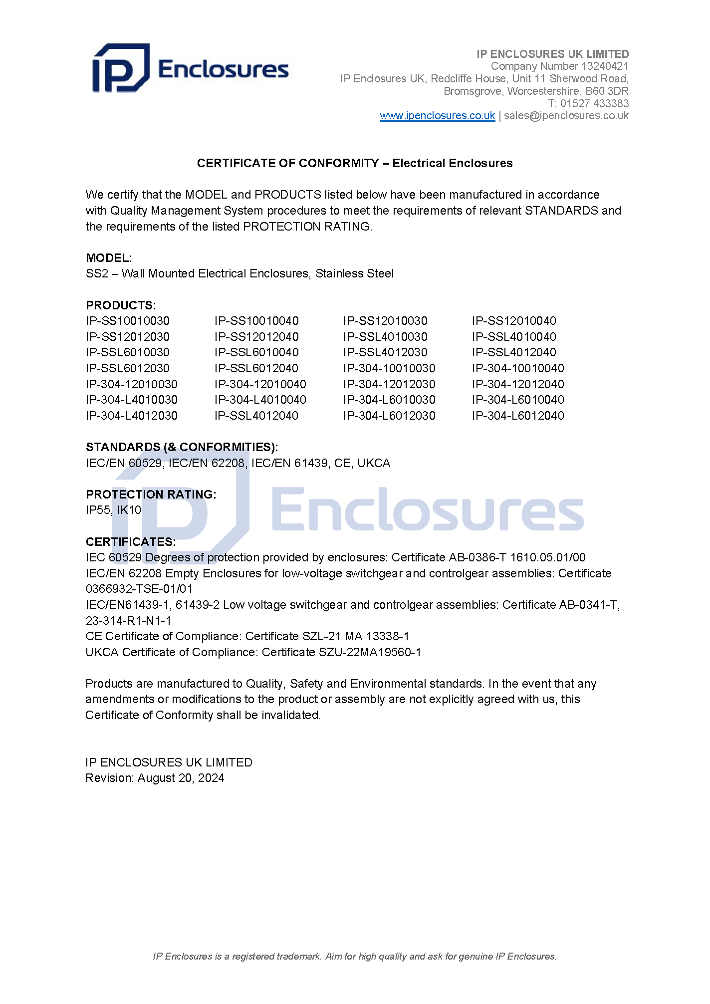 IP Enclosures Certificate - CE